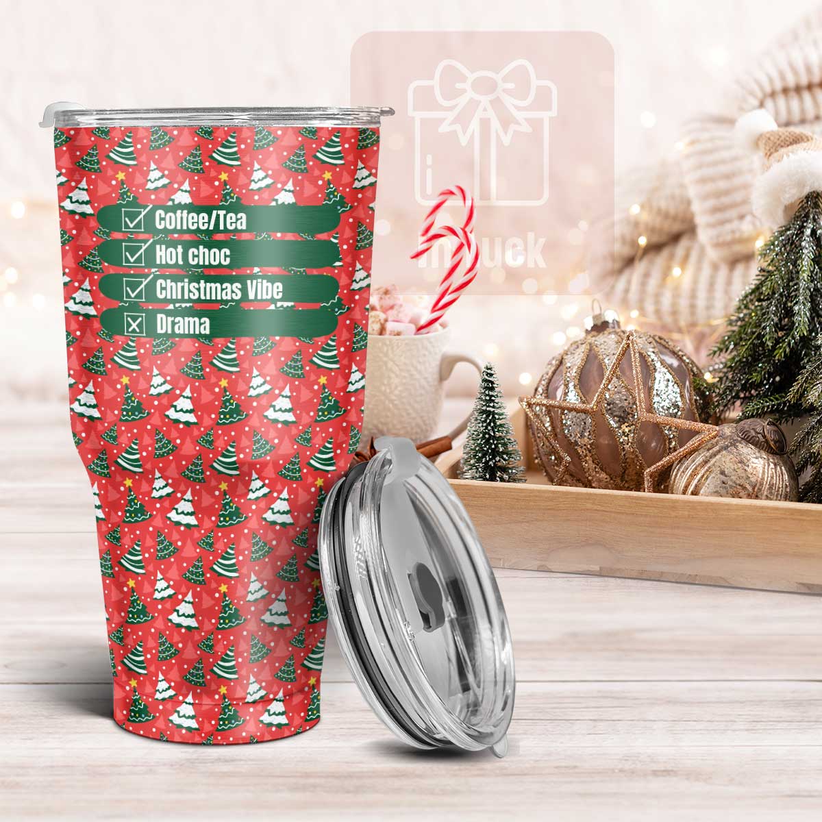 Large Fun Christmas-Themed Tumbler Design with Drinks Checklist - 30oz, Stainless Steel - InLuck.us by In Luck